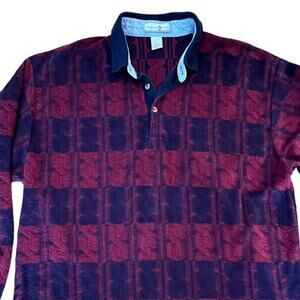 Vtg '90s Penguin Club Burgundy & Blue All Over Design Long Sleeve Polo Shirt XL